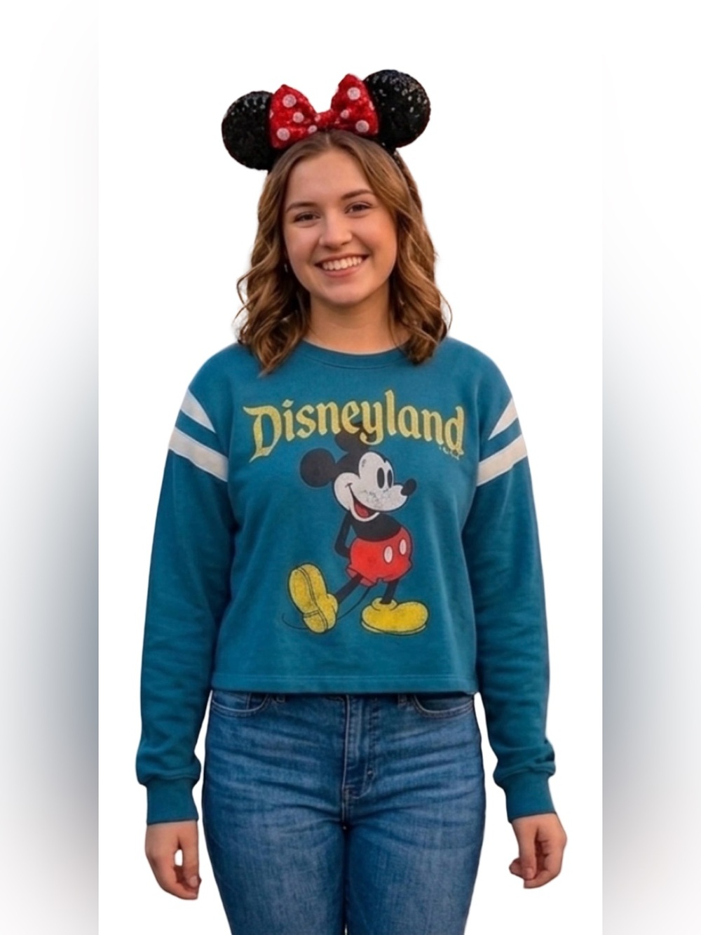 Disneyland Resort Cropped vtg look blue MickeyMouse Varsity Stripe Sweatshirt XL